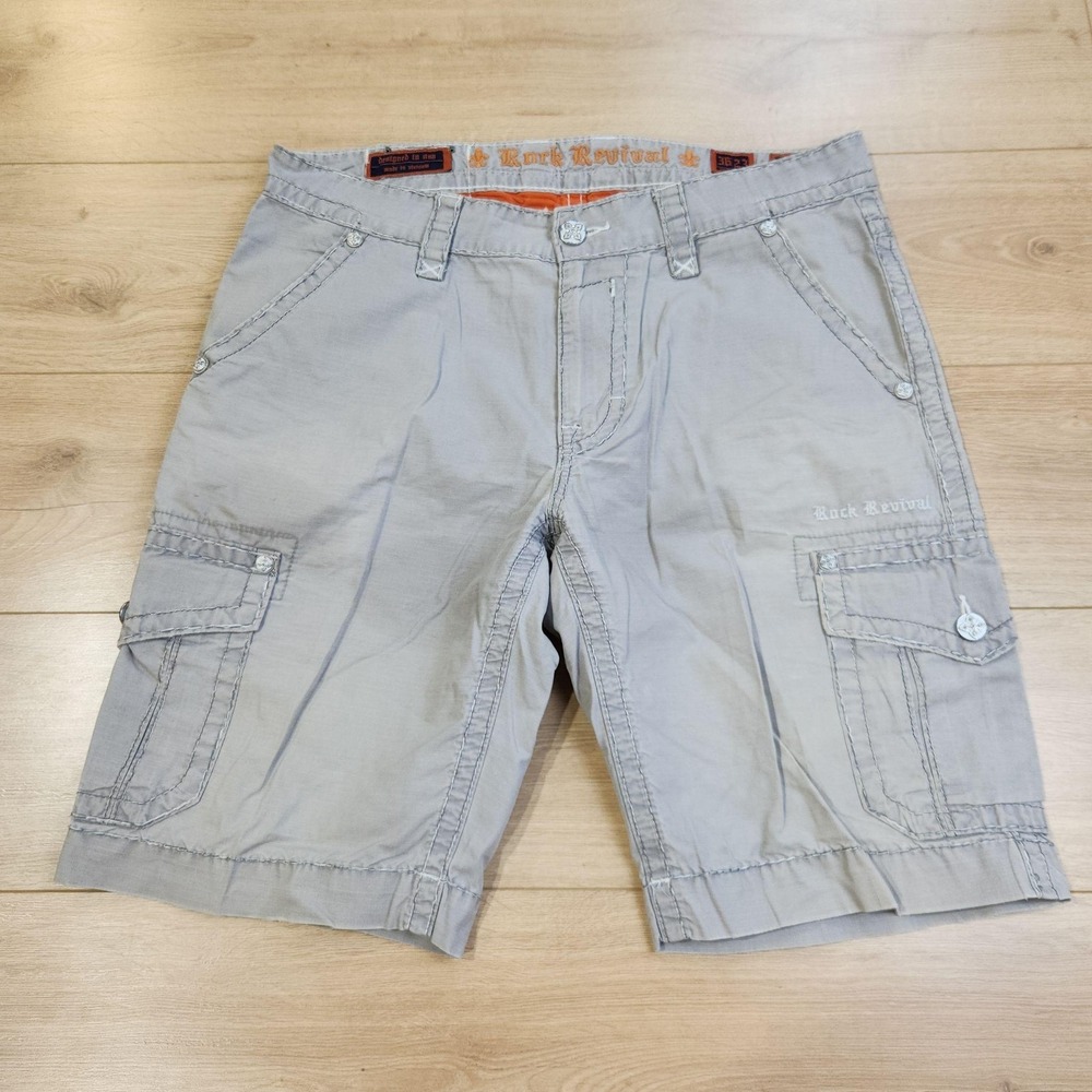Rock Revival Shorts Mens 36 12" Gray Cargo Canvas Classic Embroidered Pockets